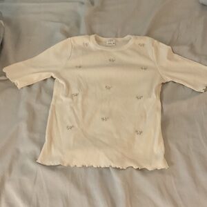 Zara Cream Ribbed Short Sleeve Top with Pearl Clusters